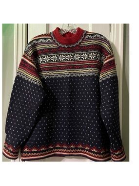Lands' End Navy Fair Isle Crewneck Sweater with Red Accents